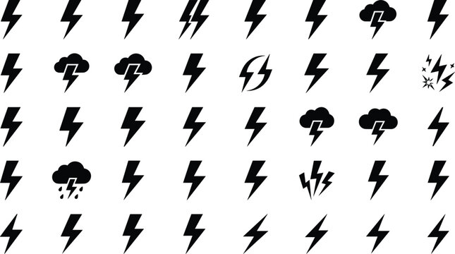 Lightning bolt vector icon collection featuring thunderbolt shapes electric energy flashes storm clouds and power strike illustrations