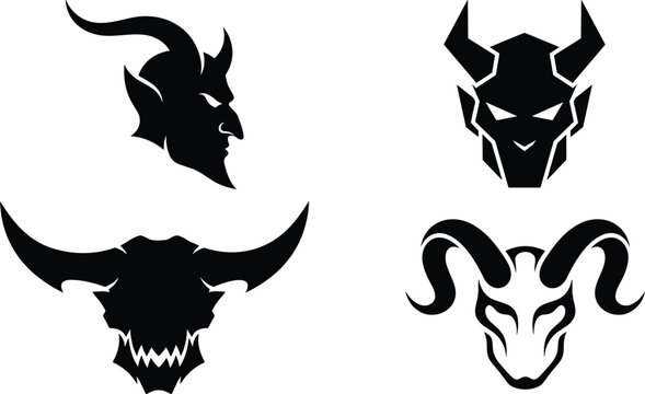Horrific devil demon head mascot icons set featuring horned monster skulls and evil creature silhouettes for gaming logos