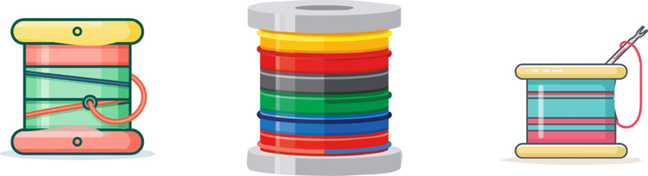 A vibrant flat vector icon of an electronic solder wire spool features bright colors, modern UI design elements, clean lines, and is isolated on a pure white background