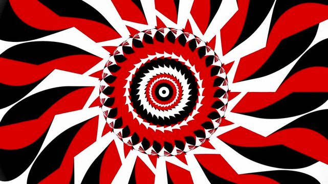 Dynamic seamless loopable 2D animation of rotating red and black geometric patterns and heart shapes forming a mandala over a white background.