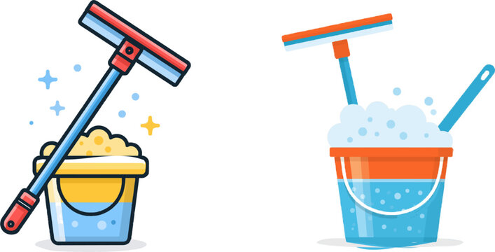 A vibrant flat vector icon depicts a squeegee in a bucket of soapy water, exuding cleanliness and modern UI style against a pristine white background
