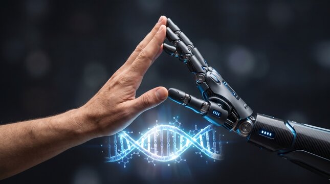 Human and Robot Hands Touching with DNA Helix