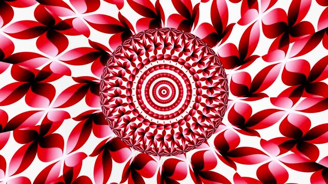 Seamless loopable 2D animation of rotating red and white geometric patterns and floral shapes forming a complex mandala over a clean background.