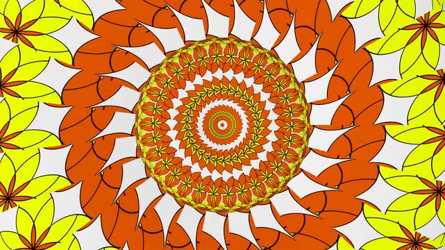 Seamless loopable 2D animation of rotating yellow and orange geometric shapes forming a bright circular mandala over white backdrop.