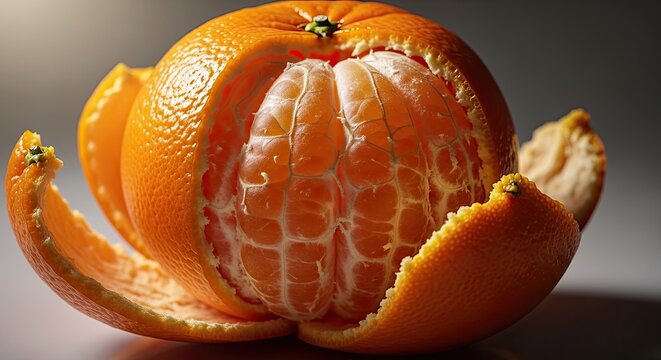 Whole peeled orange fruit on dark background.