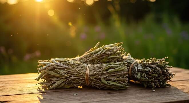 Golden sunlight illuminates aromatic bundles of dried sage herbs resting on a rustic wooden table in a serene summer garden setting ,grey-green ,muted ,botany