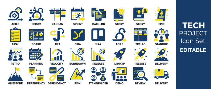 Agile Tech Project Management Icon Set: Scrum, Kanban, Jira, Trello, Risk