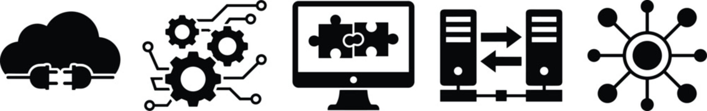 Technology integration vector icon set featuring cloud computing gears monitor puzzle data servers and network hub illustration