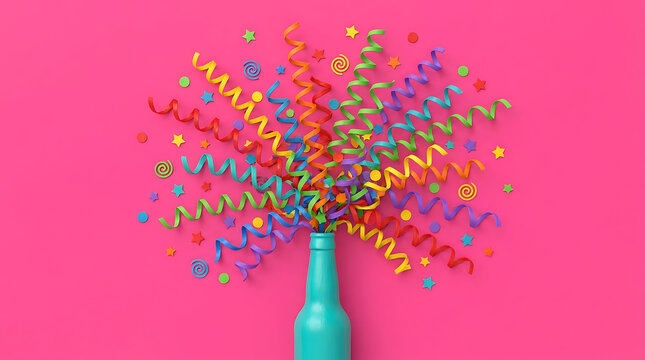 Colorful confetti streamers exploding from blue bottle on pink background
