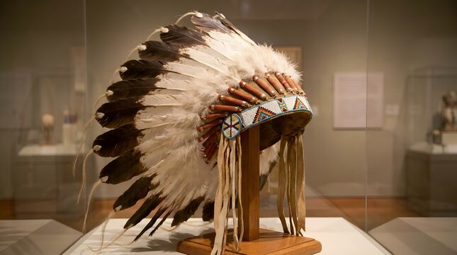 Traditional Native American feather war bonnet displayed in a museum, representing Indigenous culture, craftsmanship, heritage, ceremonial traditions, and historical significance.