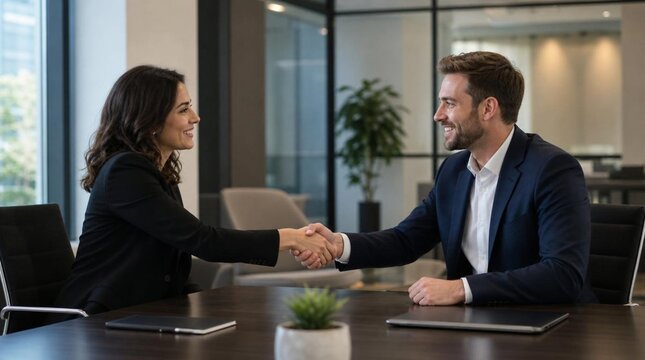 Two professional business people shaking hands warmly across modern conference table in corporate office, successful partnership agreement, professional handshake between male and female executives