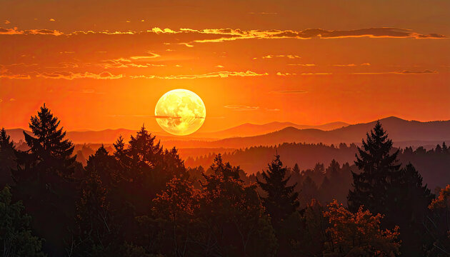 Beautiful Sunset Over Mountain Range with Forest Silhouette