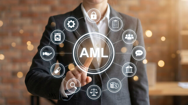 AML anti money laundering concept with businesswoman touching screen icons