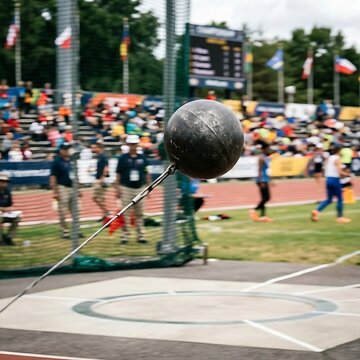 a person is playing spherical hammer throw weight in mid-flight during a track and field competition