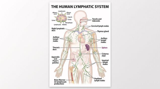 Educational diagram showing the anatomy of the human lymphatic system with labeled organs and nodes.