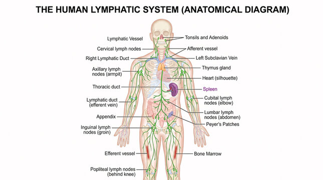 Educational anatomical diagram showing the human lymphatic system and major organs with labels.
