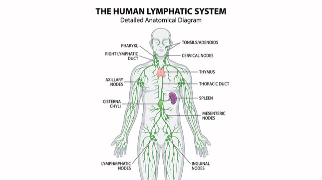 Detailed medical diagram of the human lymphatic system showing major organs and nodes.