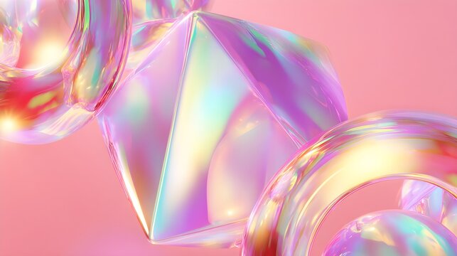 Abstract iridescent geometric and curved shapes with holographic reflections on a soft pink background creating a dreamy, modern aesthetic.