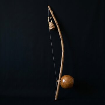 Traditional Brazilian Berimbau Instrument: A complete Capoeira Berimbau musical bow made of verga wood, with a polished gourd resonator (caba�a), an iron string, and a small woven caxixi rattle,