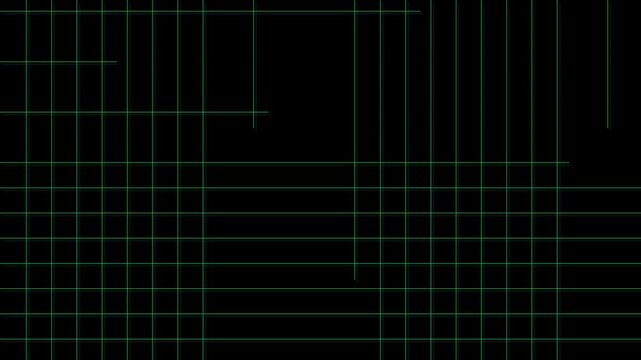 Geometric animation draws cyber grid coordinate line matrices over black backgrounds. Virtual reality development tools utilize a geometric animation framework layout loop.