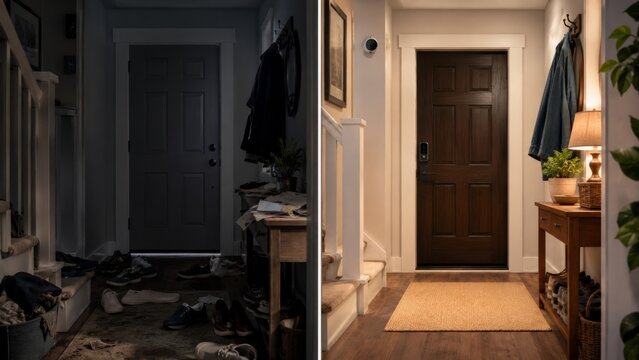 Dark unsecured home entrance and secure well-lit home entrance