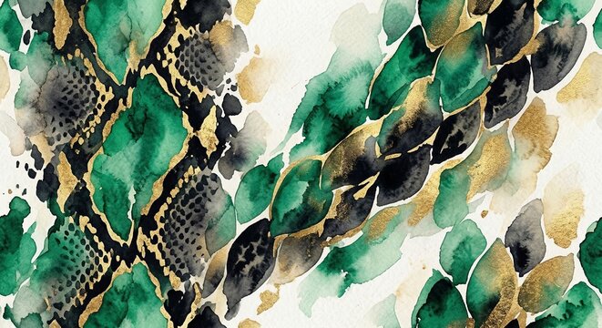 Green and black watercolor snake skin pattern with gold foil