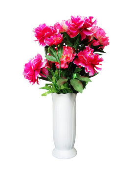 Red plastic flowers in a white vase PNG transparent.