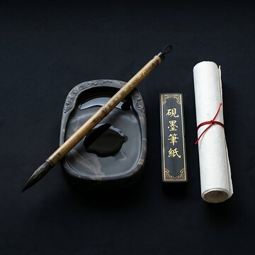 Traditional Chinese Scholar's Four Treasures: A neat arrangement of an inkstone, an inkstick with gold leaf characters, a calligraphy brush with a bamboo handle, and a roll of white Xuan paper,
