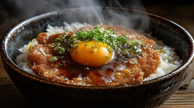 Steaming fresh katsudon fried pork cutlet rice bowl raw egg yolk rich brown sauce green scallions