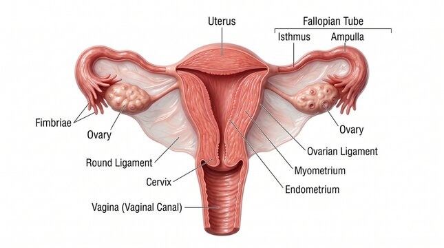 Detailed anatomical illustration of the human female reproductive system showing the uterus, ovaries, and fallopian tubes