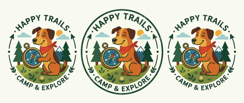 Cheerful scout dog holding a compass for camping and hiking adventure