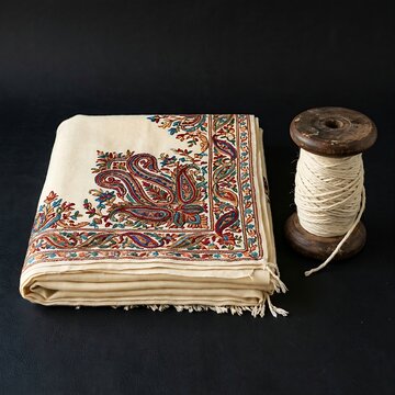 Traditional Indian Pashmina Shawl & Spool: A neatly folded, authentic cashmere Pashmina shawl with colorful paisley (Kalka) embroidery, resting next to a rustic wooden thread spool,