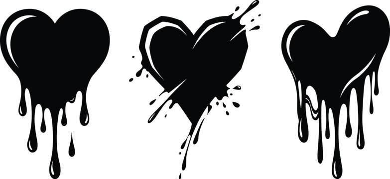 Dripping black heart vectors set with liquid paint melting effects and abstract splash ink blots isolated on white background.