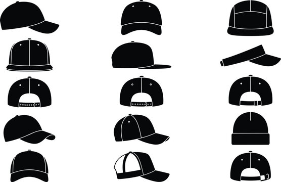 Baseball cap mega mockup vector icon bundle black silhouette headwear template flat brim snapback trucker hat technical fashion apparel design collection