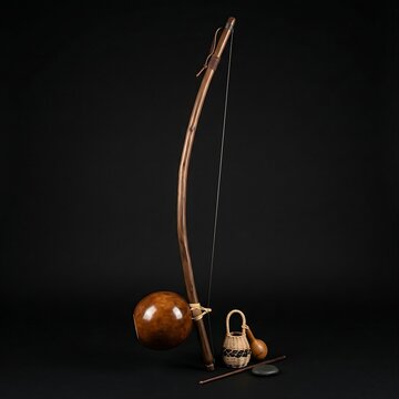 Traditional Brazilian Berimbau Instrument: A complete Capoeira Berimbau musical bow made of verga wood, with a polished gourd resonator (caba�a), an iron string, and a small woven caxixi rattle,