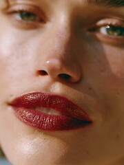 Naklejka premium Close-up of woman's face with red lips and green eyes. Soft lighting highlights natural skin texture