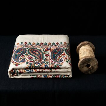 Traditional Indian Pashmina Shawl & Spool: A neatly folded, authentic cashmere Pashmina shawl with colorful paisley (Kalka) embroidery, resting next to a rustic wooden thread spool,