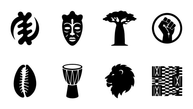 African Culture Icons Set: Adinkra Symbol, Tribal Mask, Baobab Tree, Fist, Cowrie Shell, Drum, Lion, Pattern
