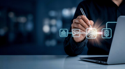 Obraz premium Person using stylus to interface with floating icons of enterprise software AI for smart city infrastructure above laptop keyboard in modern office work space