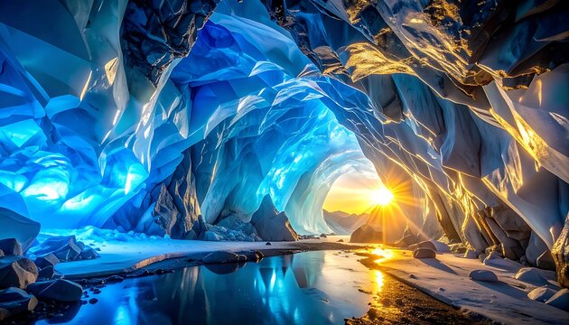 Glowing Ice Cave with Blue Reflections.