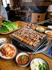 Obraz premium Delicious Korean BBQ Feast with Fresh Ingredients and Side Dishes.