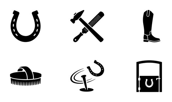 Equestrian Black Icons Set: Horseshoe, Farrier Tools, Riding Boot, Grooming Brush, Nail, and Stable Door Vector Graphics for Horse Care and Riding