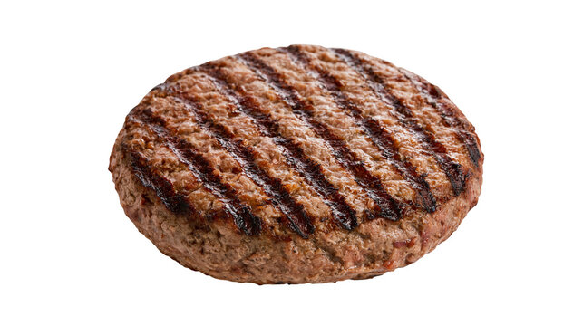 Juicy grilled beef burger patty with dark grill marks, isolated on transparent background