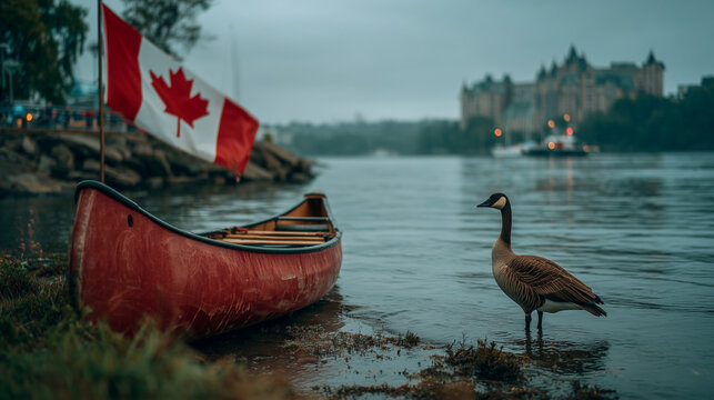 Canoe on the shore with Canadian flag and goose near a city skyline on a cloudy day