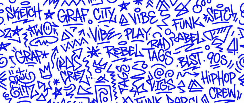 Urban graffiti handstyle pattern with street art tags and symbols