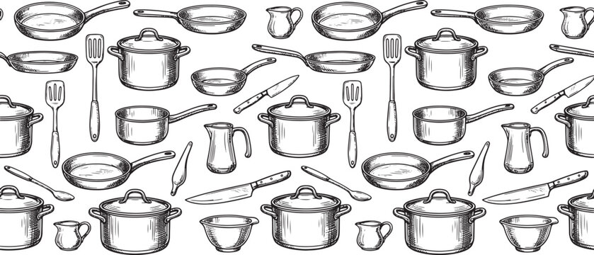 Hand drawn kitchenware pattern featuring various cooking pots pans utensils and jugs in a classic black and white sketch style