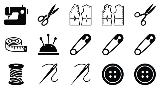 Minimalist black vector graphic illustration set featuring various essential sewing tools and professional garment tailoring equipment
