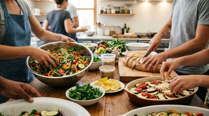Naklejka premium Family Kitchen Preparing Dinner, Multiple People Cooking