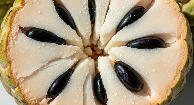 Close up of sliced custard apple fruit interior.