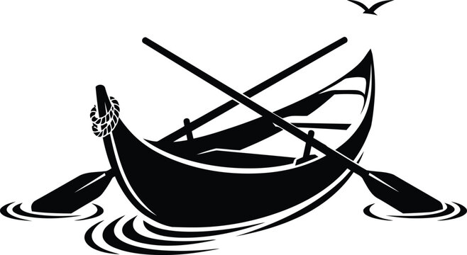 Black and white silhouette of a traditional boat with crossed oars on calm water with ripples and a bird flying overhead in a minimalistic graphic design